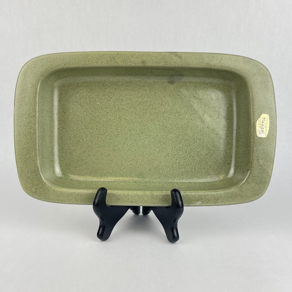 Vintage MCM Haeger 12” Rimmed Rectangle Sage Green Speckled Serving Bowl Platter
